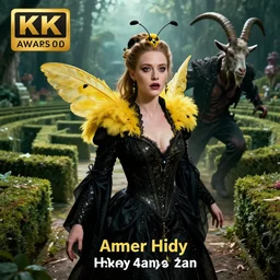 hyperrealistic portrait of high detail amber heard as a bee queen in ornate black robe yellow swan feathers as the mistress in fear being chased by a terrific man with goat head in a garden maze horror. by jeremy mann, fantasy art, photo realistic, dynamic lighting, artstation, poster, volumetric lighting, 4 k, award winning