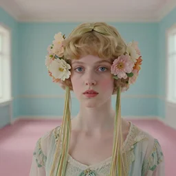 close - up of a beautiful flowery girl in an empty room, film still by wes anderson, depicted by balthus, limited color palette, very intricate, art nouveau, highly detailed, lights by hopper, soft pastel colors, minimalist