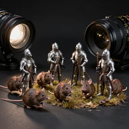 photo of a diorama of mice in medieval battle armor, studio lighting, nikon lens, black background