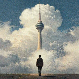 a man walks towards a tower, majestic clouds and birds in the background, art by Mœbius and Esao Andrews, high detail, cinematic, cgsociety 8k