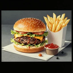 burger and fries advertisment, still life, 1 9 7 0 s japan shouwa advertisement, print, nostalgic