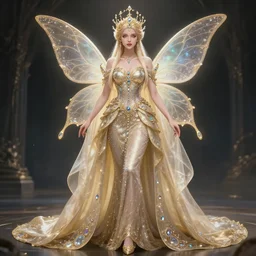 full body portrait of a beautiful fairy queen with ornate bejewelled long dress by Anna Dittmann and Rossddraws, digital art, trending on artstation, anime arts, featured on Pixiv, HD,8K, highly detailed, good lighting, beautiful, fairy, epic, masterpiece.