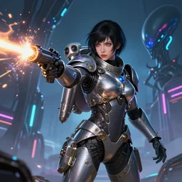 armored astronaut girl shoting an alien quickly, ssci-fi, neon light and fantasy, intricate and very very beautiful and elegant, highly detailed, digital painting, artstation, concept art, smooth and sharp focus, illustration, art by tian zi and WLOP and alphonse mucha
