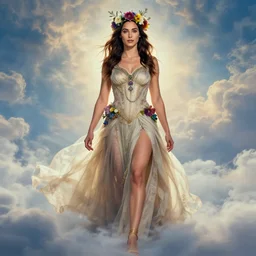full body fine art photo of the beauty goddess gal gadot, she has a crown of mesmerizing flowers, she is arriving heaven, by peter mohrbacher