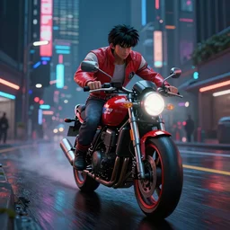 concept art of an akira motorbike moving towards the camera on wet cyberpunk city streets at night cyberart in the style of liam wong in the film akira rendered in octane, 3 d render, trending on cgsociety, blender 3 d 8 k