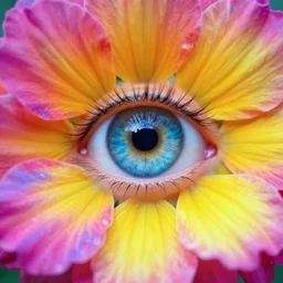 A single, beautiful eye gazes at you from the center of the flower. Colorful, vibrant. Trending on Artstation