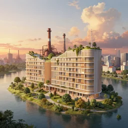 a beautiful detailed illustration of building industrial architecture city nature architecture motel by zaha hadid, architecture island studio ghibli sunset alien, archdaily, wallpaper, highly detailed, trending on artstation.