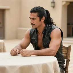muscular man sitting at table on tatooine, wearing a black black leather vest, no shirt, shirtless, long black hair in a ponytail 9 9 9 0 0 0
