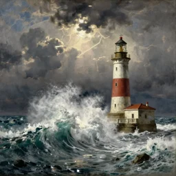 huge waves crashing over a lighthouse, john martin, painting