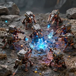 a swarm of miniature automatic mining machines extracting energy crystals from the rock, close up peter mohrbacher, featured on artstation, octane render, cinematic, rugged, intricate, 8 k