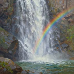 oil on canvas waterfall cascading onto rocks, small rainbow emerging in background, ethereal, beautiful scenery, intricately meticulously detailed, amazing, glitter, 8 k render octane high definition