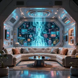 Sci fi living room engine room, electric wallpaper, unreal engine 5 tech demo, zillow interior, cool tint, metallic reflective, octane render, Frank Lloyd Wright ((Studio Ghibli))