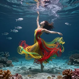 woman dancing underwater wearing a long flowing dress made of red, yellow, and green wire, delicate coral sea bottom, swirling silver fish, swirling smoke shapes, octane render, caustics lighting from above, cinematic, hyperdetailed