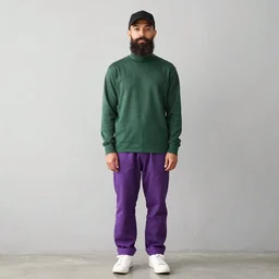 a 2 4 years man with a chin - style dark brown beard without mustache in a black cap, green turtleneck, purple pants and white sneakers in full height, perfect face