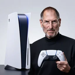 professional product photo of a Sony Playstation 5 portable held by Steve Jobs
