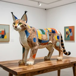 beautiful gallery show studio photograph of a giant realistic curvy ceramic sculpture of a caracal cat!!!!!, glazed by bridget riley and victor vasarely, placed on a polished wooden table, colorful hyperrealism 8 k trending on artstation