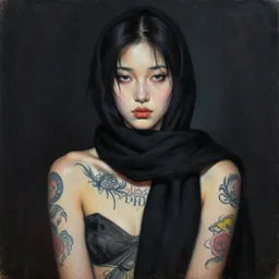 hyperrealism oil painting, portrait fashion model, tattoos all over the skin, wrapped in a black scarf, sad eyes, dark background, in style of classicism mixed with 8 0 s japanese sci - fi books art
