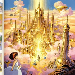 a vibrant emotional graphic novel page of the wealthy sci - fi desert city of melting gold, metallic oil colors on molten gold, studio ghibli, pixar and disney animation, sharp, disney concept art maximalist splatter paint illustration by shinji kimura and alphonse mucha and alena aenami, pastel color palette, bloom!!, dramatic lighting