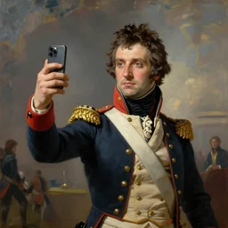 Napoleon Bonaparte taking a selfie in Waterloo, painting by krenz cushart, wlop,
