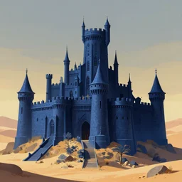A digital concept art painting of a dark blue medieval european castle in desert