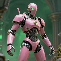 hyperrealistic hyperdetailed medieval mechanical iridescent pink humanoid performing concept art santiago caruso de chirico sharp very dramatic green light 8k low angle shallow depth of field