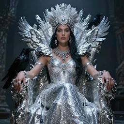 the Amazonian queen of ravens sitting on her throne made of moondust and silver