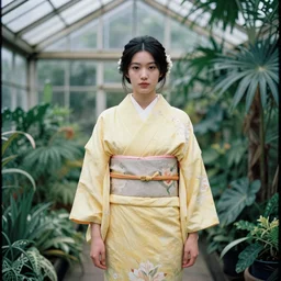 Medium format photograph of an perfect woman wearing a yellow kimono in a tropical greenhouse, by james gurney, by john william waterhouse