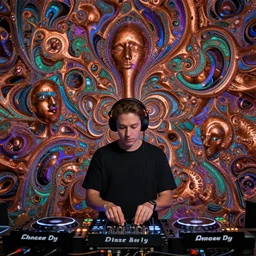 dj at rave, by fiona staples and dustin nguyen, peter elson, alan bean, wangechi mutu, metallic colors, fractals, deepdream, oxidized copper, led light, highly detailed and intricate, psychedelic, sharp focus,