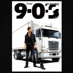 professionally drawn 9 0's seined mature cyberpunk horror detective action manga comic cover featuring a man and his 1 8 wheeler truck, full color, beautifully drawn coherent professional, drawn by ilya kuvshinov, ilya kuvshinov, and hiromu arakawa and tsutomu nihei. japanese script on the cover. simplistic minimalist.