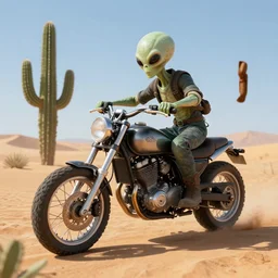 alien cactus riding a motorcycle through a desert, realistic octane render, 8k, ultra detailed, concept art