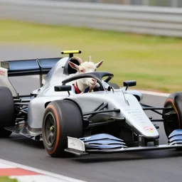 a goat driving a formula one car