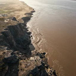 top view of muddy river delta joining sea by hiroshi yoshida, marc simonetti, roger deakins, turner, rothko, hyperrealistic, cinematic, rock plateau, dramatic low sun scene, matte painting, fluid simulation, trending on artstation, 8 k high detail concept art, rendered in octane