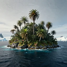tropical island beneath antarctica, cinematic, establishing shot, extremely high detail, photorealistic, cinematic lighting, intricate line drawings, 8k resolution