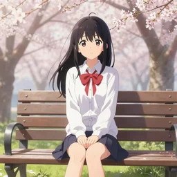anime girl sitting on a bench, highly accurate and proportional, spring time, cherry blossom in the background