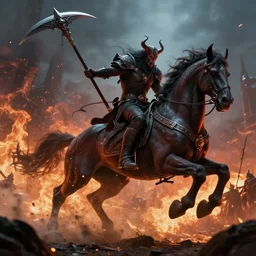 cinematic still of a demon lord going to battle on his demonic steed and wielding an arcane scythe as he charges the enemy, raining fire, 4k, masterpiece, by Greg Rutkowski, Trending on Artstation
