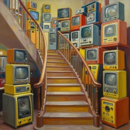the staircase at powell's, vintage shapes, retro technology, happy colors. rob gonsalves, oil on canvas, deep depth field, masterpiece, cinematic composition, hyperdetailed