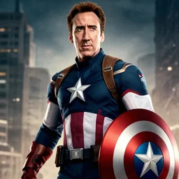 Nicolas Cage as capitain america,cinematic shot, movie poster