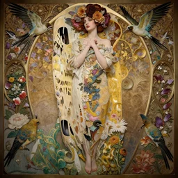 a beautiful intricate beatutifull woman with birds, ultra - wide angle, baroque, elagant, highly detailed, photorealistic, flowers, octane render, 8 k, unreal engine, by william turner, by victo ngai, by alphonse mucha, by gustav klimt, hd, trending on artstation, hyper detailed, muted intense colors