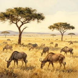 a herd of prehistoric megafauna grazing in a warm, sun - filled savannah at the golden hour, water color, art by artgerm and greg rutkowski and alphonse mucha and jin xiaodi and anthony devine