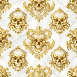 seamless damask pattern, beautiful portrait of a large ornate and intricate rococo skulls, hyper detailed, gold plated on white marble, wallpaper pattern