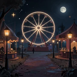 beautiful dark carnival at night with wonder wheel and lantern pathway Digital Matte Illustration by Alena Aenami