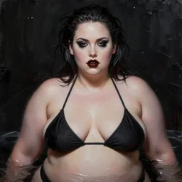 a detailed upper body portrait of winona ryder as an obese bikini model. goth aesthetic. digital painting, black oil bath. in the style of eddie mendoza and ross tran.