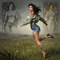 tattooed pinup girl halston sage wearing a jacket and ripped shorts running and dancing in a field, character sheet, character design,, contrast, deep focus, turnaround, highly detailed, dramatic lighting, digital painting, artstation, concept art, matte, sharp focus, illustration, elegant, art by artgerm and greg rutkowski and alphonse mucha.