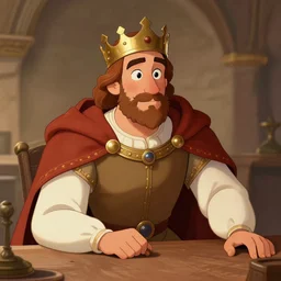 highly detailed, semi - realistic traditional cartoon contemporary digital illustration, contourless, well shaded, portrait of king arthur leaning over a table