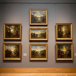 Photo with 100 paintings in a museum