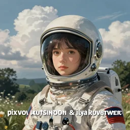 portrait of a girl with astronaut helmets by ilya kuvshinov, cloudy sky background lush landscape ln illustration concept art anime key visual trending pixiv by victo ngai fanbox by greg rutkowski makoto shinkai takashi takeuchi studio ghibli