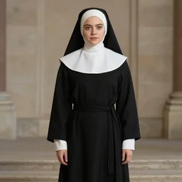 A full body shot of Emma Stone dressed as a nun , catholic , high quality, fully detailed, 4k, in focus, detailed eyes