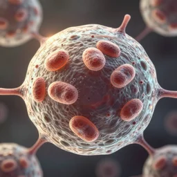 human cell with mitochondria and all details with an overlay of black inklines