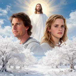 a fantasy landscape with white beautiful trees and jesus in heaven, perfect faces, tom cruise, emma watson