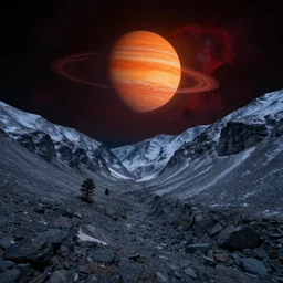 A rocky valley surrounded by snow-capped mountains, nighttime, orange gas giant, red nebula, no clouds, sci-fi, photorealistic, landscape, a few trees